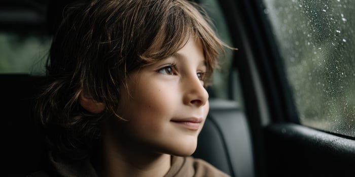 Boy looks out car window on rainy day. Road trip scenic forest backdrop photo