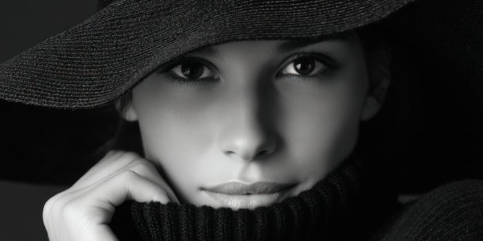Pensive woman poses with hat and sweater, indoors, against a dark backdrop photo