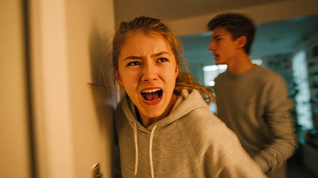 Brother and sister alone at home and arguing with each other, teenagers in a quarrel photo