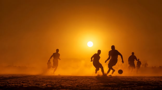 Silhouettes of football players in action during sunset on a dusty field, golden sky with space around the figures photo