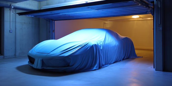 Car covered under blue sheet in garage, showcasing mystery vehicle reveal photo