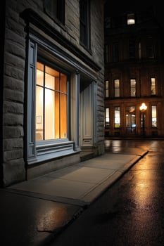 Old stone house window glows, wet dark street, light reflections. Home safety photo