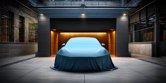 Car reveal Auto under cloth in open garage with vintage brick background photo