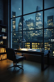 Office desk at night, city skyline through window, business, architecture, lifestyle photo