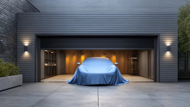 Unveiling a hidden car in an illuminated home garage, for promotions photo