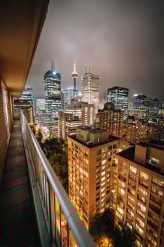 Night panoramic cityscape view from the balcony. Urban background use photo