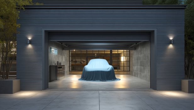 Car covered with cloth inside garage, waiting to be revealed, backyard background photo