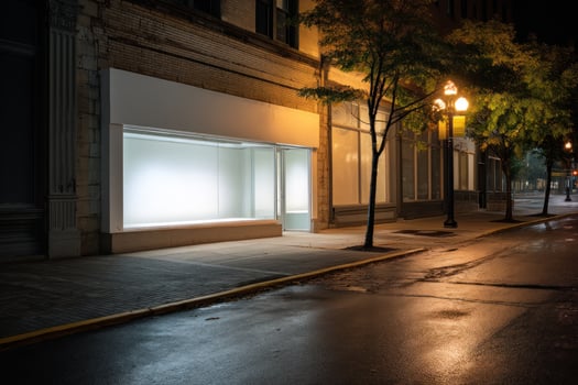 Empty storefront display, night street scene with wet road for commercial use photo