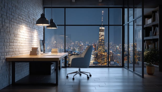 Empty office interior with desk overlooking city at night, for company websites photo