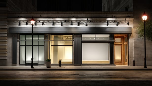Empty storefront in urban street at night for business, design, or advertising photo