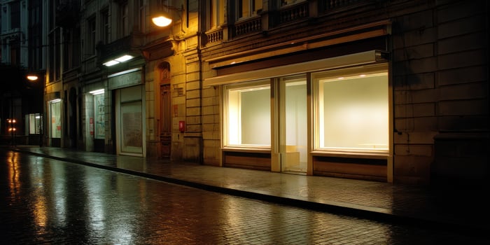 Shops on wet street at night. Empty store used to showcase displays photo