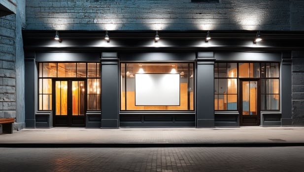Illuminated urban storefront with blank sign for advertising at night photo