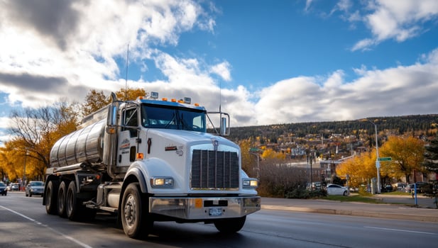 White tanker truck driving on road against blue sky and colorful tree background photo