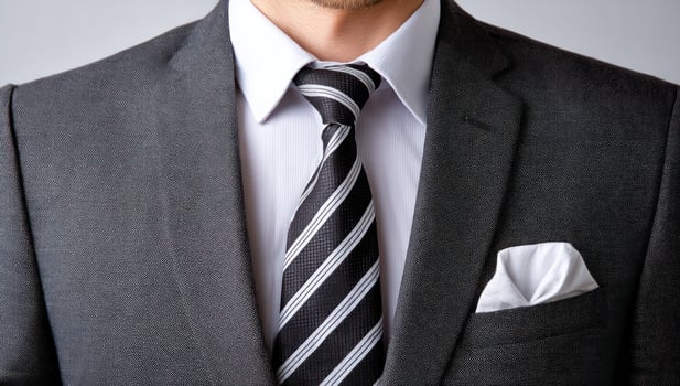 Man in suit, white shirt, striped tie and pocket square, gray background, formal photo