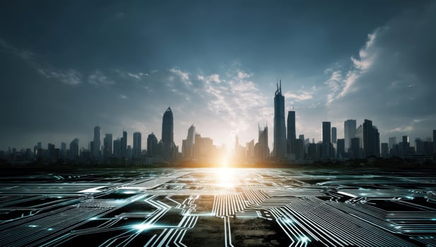Tech Circuit Leading to Skyline City. For Website Background or Futuristic Design photo