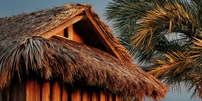 Thatched roof building, palm tree, golden light, tropical setting, holiday use photo
