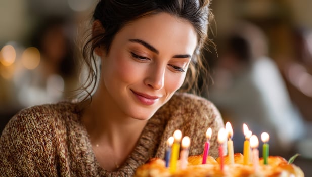 Woman smiles looking at birthday cake with lit candles at home gathering photo