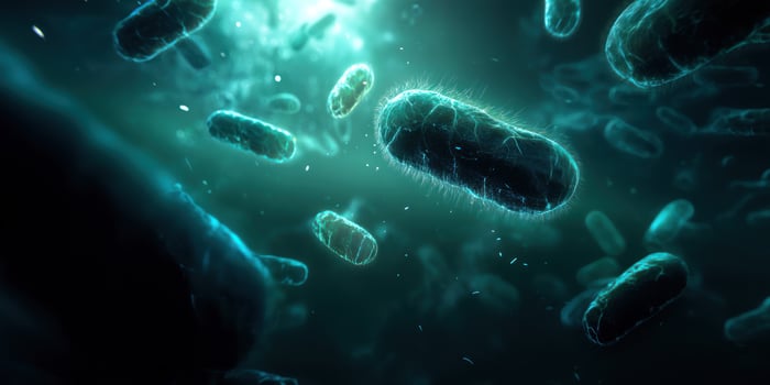 Bacteria spreading, moving in a dark environment, for medical research photo