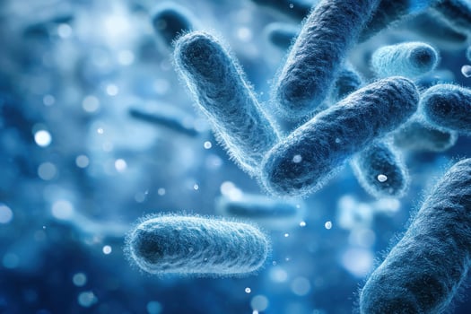 Microscopic bacteria cells floating in liquid media for medical science research photo