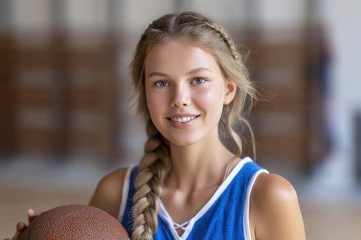 Young girl smiles holding basketball in gymnasium, blurred background, school sport photo