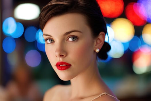 Attractive young woman with red lipstick in front of blurred city lights photo