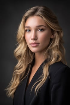 Beautiful blond woman portrait in suit against grey. Possible business use photo