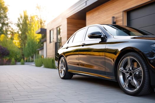 Black sedan parked in front of modern house, suburban neighborhood, sunny backdrop photo