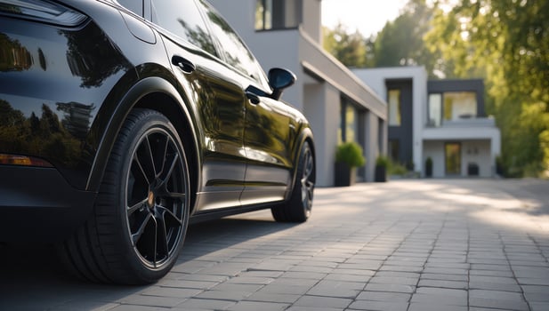 Black SUV parked on brick driveway in front of modern home with green trees photo