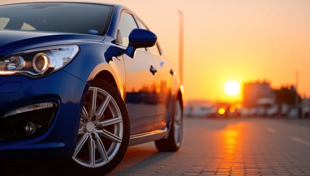 Blue car parks at sunrise on street, light reflecting on body and pavement photo