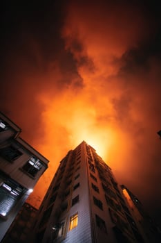 Building pointing upward under fiery sky at nighttime in urban area photo