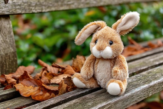 Bunny on bench with leaves. Concept for childhood, gift, and autumn in nature photo