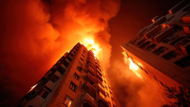Burning building with flames and smoke reaching sky in dark urban setting photo