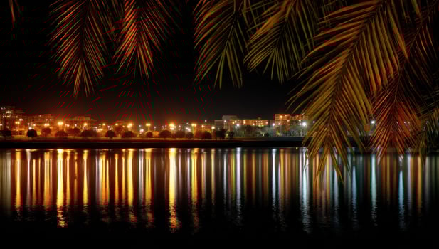 City lights reflect on water at night, framed by palm leaves. Serene landscape photo