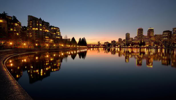 The city skyline is reflected in the water at dusk photo