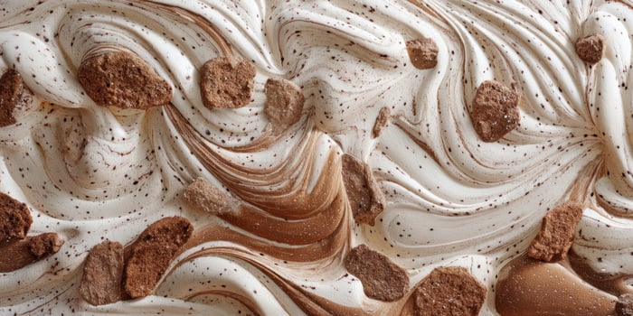 Close-up of chocolate chunks mixed in swirling vanilla ice cream texture photo