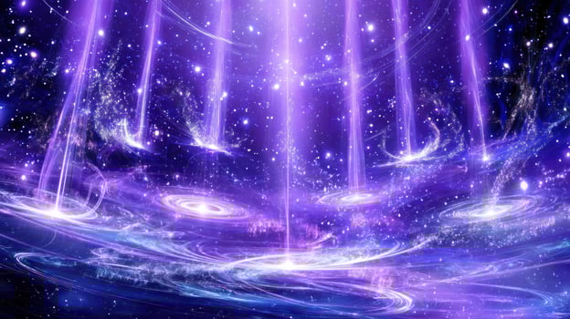 Cosmic convergence celestial beams unite in vibrant, swirling galaxies in outer space photo