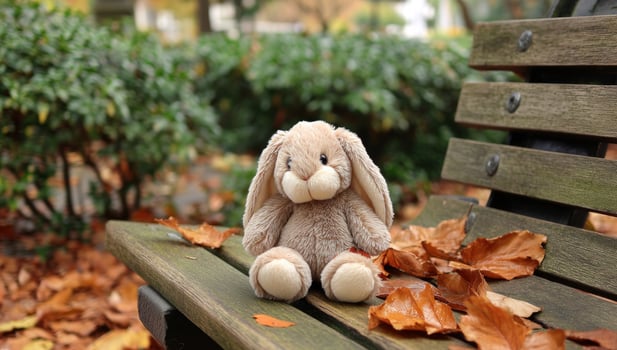 Cute bunny toy sits on bench in autumn park with leaves, calm background photo