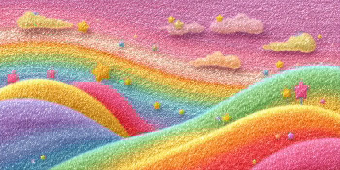 Dreamy rainbow arches over rolling hills under a pastel sky filled with stars photo