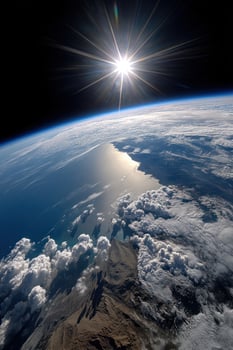 Earth from space sun illuminates ocean, clouds, mountains against black sky photo