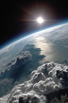 Earth's Curve Sunlight streams across clouds and continents from a space view photo