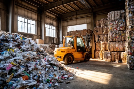 Forklift moving trash at the recycling center, trash mountain, storage in background photo