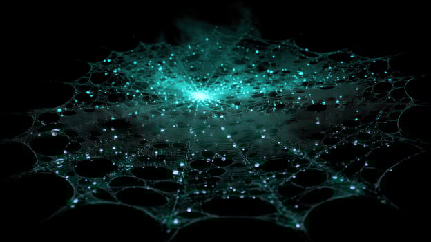 Glowing orb in a web like structure on dark background for conceptual use photo