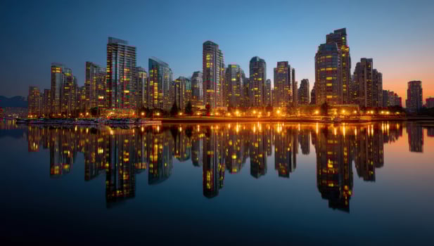 Glowing cityscape at dusk reflected in water for tourism or urban development photo