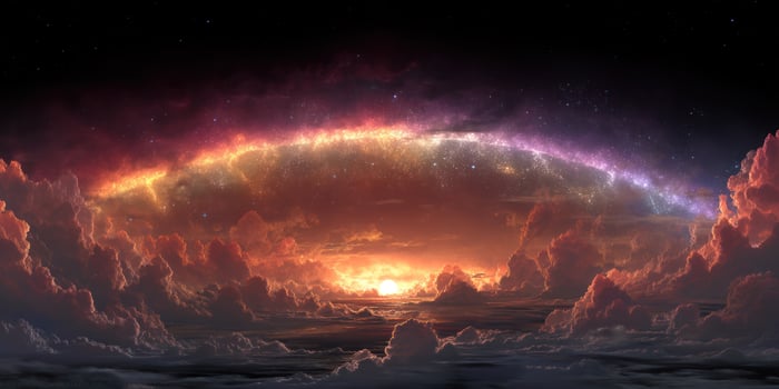 Glowing sun over clouds, cosmos above, landscape, bright, beautiful scenery photo