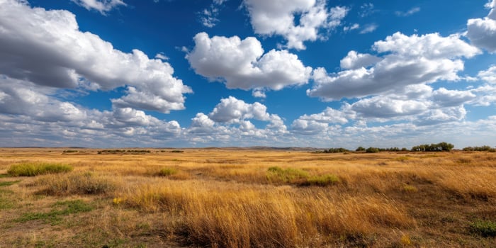 Golden grasses sway on prairie land, open sky with clouds, distant trees photo