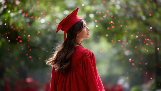 Graduate looks toward future with falling confetti on university campus photo