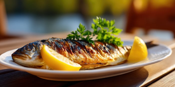 Grilled fish with lemon, herbs on plate outside for a healthy recipe, gourmet food photo