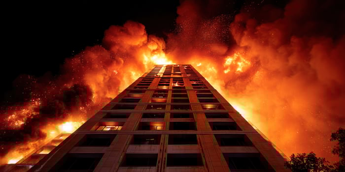 A tall building is engulfed in flames photo