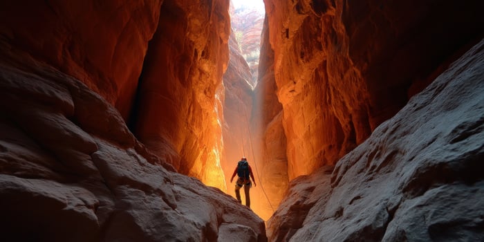 Hiker rappels through a narrow canyon in a remote desert area, adventure photo