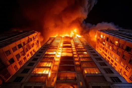 High-rise building ablaze at night with flames and smoke billowing from windows photo